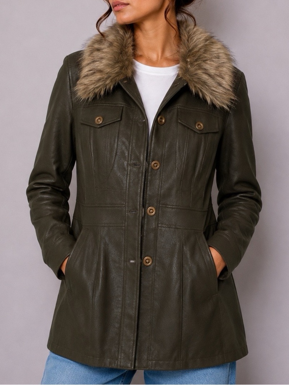 Anthropologie Maeve Kellie Faux Leather Coat Green Removable Faux Fur Collar 4